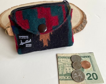 Wool and Waxed Canvas Coin Purse. Secure and zippered pocket. Essential Oils/cards/coins. Lined Gift. Limited Edition Red wallet