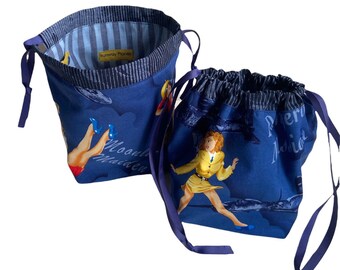 Sm. Airplane Pin-Up Sock Sak Knitting Project Bag,  Drawstring closure. Center divider  accessories snap tabs for 2 color socks  Field Bag.