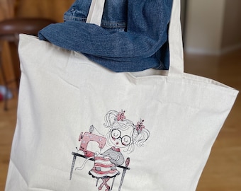 Gestickte skizzenhafte Näherin Big Tote. Eine Reißverschlusstasche innen, versenkter oberer Reißverschluss. Strickprojekte. Farbauswahl.