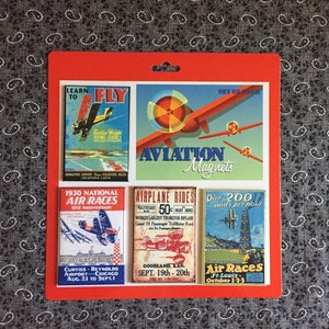 Zestaw magnesów na plakat wyścigu samolotów w stylu vintage. 4 magnesy Prezent dla pilotów Prezent dla pilota lotnictwa FLY. Dwupłatowce Nauka latania Pylon racing Rides