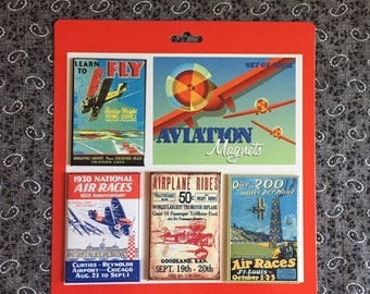 Vintage Airplane Race poster Magnet Set. 4 magnets Gift for pilots Aviation FLY Pilot gift. Biplanes Learn To Fly Pylon racing Rides