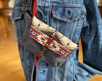 PNW Wool and Waxed Canvas Haralson Belt Bag. Fits Phone and 2 secure zippered pockets Adjustable strap/small purse/bum/sling/Fanny pack