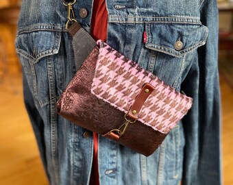 Minky fur & Faux Leather Haralson Belt Bag. Fits Phone and 2 secure zippered pockets Adjustable strap/small purse/bum/sling/Fanny pack