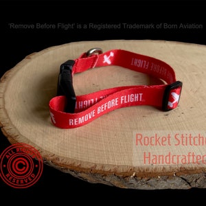 Small Remove Before Flight Dog Collar. Red Buckled Pilot Gift. Dogs Who Fly. Fits up to 12.5" neck smaller sized dog