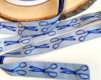 Last bit!  3 yards left. Sewing Scissors Jacquard Ribbon yardage. New Tula Pink for Renaissance ribbons. Blue Shears on light blue trim