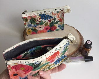 Rifle Paper Mini Magic Clutch. One zipper, three organized pockets. Purse Organizer. Zippy bag.  Waxed Canvas fabrics