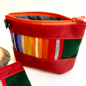 Rainbow Stripe  Pouch P. Wool and Waxed Canvas Zippered Accessory Bag. Lined, stands upright. 7.5” x 4.5 x 2d. Fits small scissors/tools.