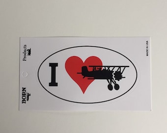 Euro Sticker I Heart Flying Biplanes. Oval 5” x 3” Pilot bumper sticker Pressure sensitive white vinyl