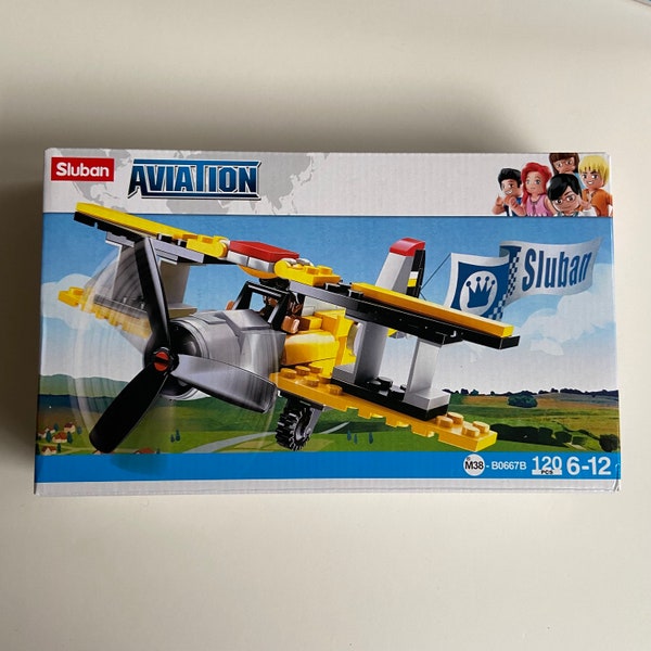 Biplane 120 piece Building kit. Sluban M38 B0667B yellow airplane to build. Ages 6-12 Gift for pilots Plastic block construction