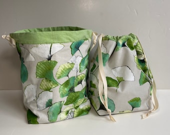 Medium Ginkgo Leaf Sock Sak Knitting Project Bag, Drawstring closure/Center divider accessories, 2 snap tabs for 2 color socks Field Bag.