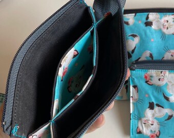 Magic Clutch Wallet. One zipper, three organized pockets. Purse Organizer. Zippy bag. Retro Kitty and Waxed Canvas fabrics 7” x 5”