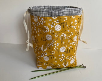 Medium Floral Mustard Sock Sak Knitting Project Bag, Drawstring closure/Center divider accessories, 2 snap tabs for 2 color socks Field Bag.