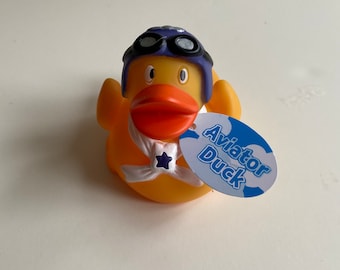 Pilot Rubber Duck. 3" Yellow Ducky with goggles and flight helmet. Fun Gift for pilots Squeezable floating bath toy  Duckie