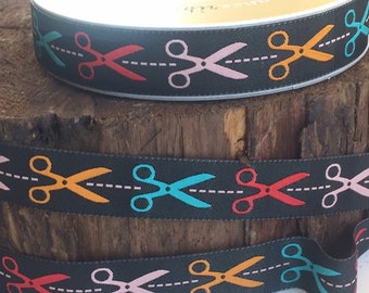 End of roll. 2 5/8 yard. Sewing Scissors Jacquard Ribbon yardage. New. Jessica Jones for Renaissance ribbons. Multi-color Shears on Black