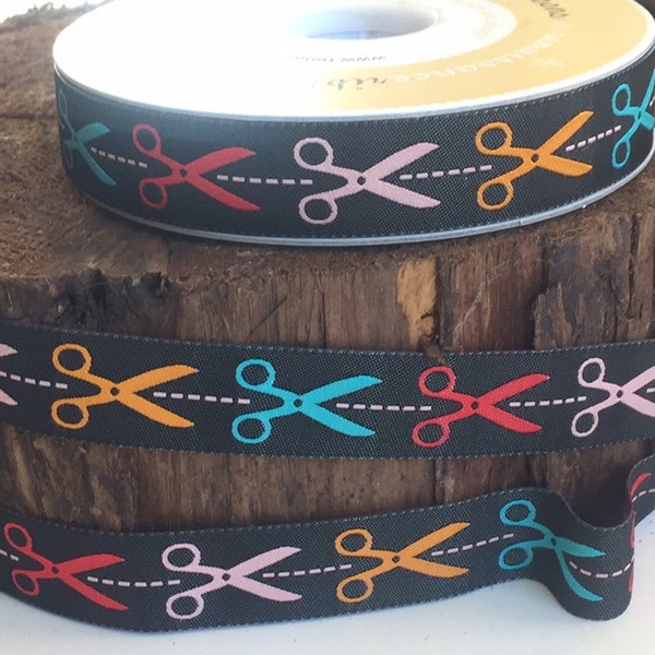 Back in Stock!      Sewing Scissors Jacquard Ribbon yardage. New on roll. Jessica Jones for Renaissance ribbons. Multi-color Shears on Black