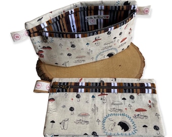 Hedgehog Zippered Accessory Bag. Fits small scissors, stitch markers,  hooks, small tools. Crochet/knit/knitters, utility pouch mushrooms