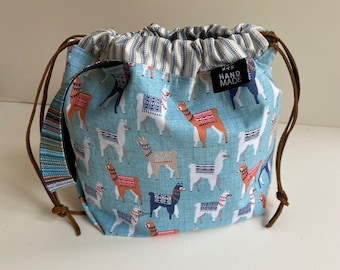 Llama Drama Field Bag.  Knitting Project Bag. Drawstring closure, clear vinyl pocket. Easy to grab strap. Alpaca yarn. crochet craft
