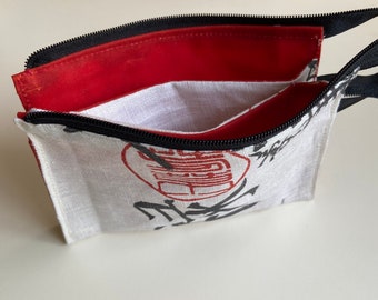 Magic Clutch Wallet 1 zipper, three organized pockets. Purse Organizer. Zippy bag. Chinese Calligraphy and Waxed Canvas fabrics 6 1/2” x 5”