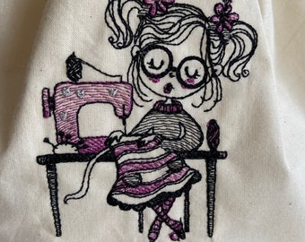 Sewing Machine Gal Eco Bags Knitting Project Bag. Lightweight canvas, drawstring closure. Embroidered. Tote Gift for knitters, stitchers