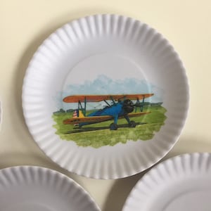 4 Classic Airplanes Party Plates 6 1/2” Dessert Stearman Biplane, PiperCub, Cessna 195 Gifts for Pilots Sturdy Melamine