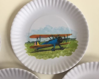 4 Classic Airplanes Party Plates 6 1/2” Dessert Stearman Biplane, PiperCub, Cessna 195 Gifts for Pilots Sturdy Melamine plane gift