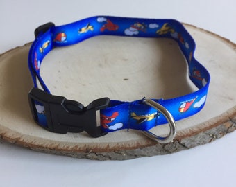 Airplane Flight Dog Collar. Royal Blue Buckled Pilot Gift. Dogs Who Fly. Fits up to 19" neck medium sized dog