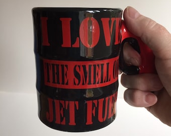 I Love The Smell of Jet Fuel Coffee Mug -Airplane Pilot Gift. Regular size. Vintage graphic wraps around cup.