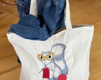 Embroidered Squirrel Big Tote bag 1 zippered pocket inside, recessed zipper closure. Knitting Projects. Choice of eyeglasses and yarn color.