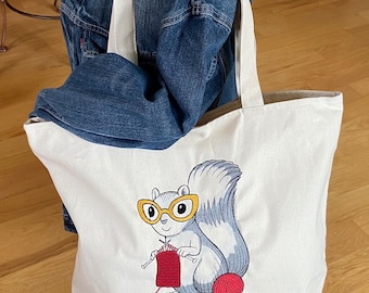 Embroidered Squirrel Big Tote bag 1 zippered pocket inside, recessed zipper closure. Knitting Projects. Choice of eyeglasses and yarn color.