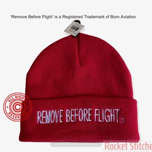 Remove Before Flight Beanie. Standard Red beanie with embroidery. One size fits most. Gift for pilots.