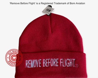 Remove Before Flight Beanie. Standard Red beanie with embroidery. One size fits most. Gift for pilots.