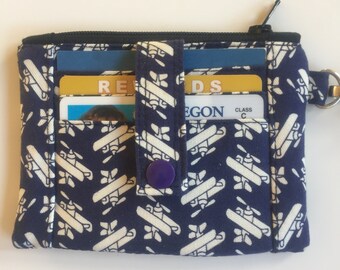 Minimalist Flying Cardholder ID Wallet Japanese biplanes make this tiny purse easy to grab Wrist strap 3 secure credit card slots zip pocket