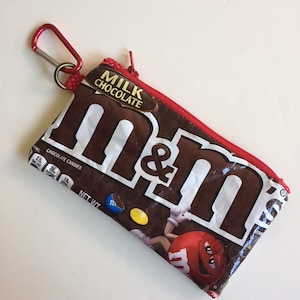 Sharing pocket bag. Milk Chocolate plain candy. Zippered pouch to hold candy or treasures or lipstick. Upcycled reused Wrapper.