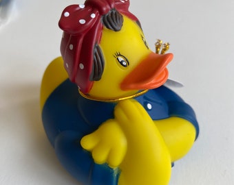 Rosie The Riveter Rubber Duck. 3&quot; Yellow Ducky with work Scarf.  Fun Gift for pilots Squeezable floating bath tub toy  Duckie