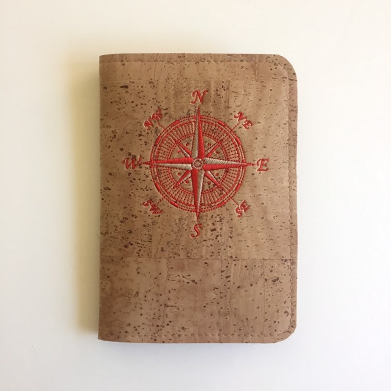 Wrap your passport in this durable cork case Natural Cork Passport Travel Wallet Embroidered Compass Rose with credit card pockets