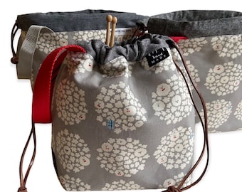 Shiba Popcorn Field Bag. Knitting Project Bag. Drawstring closure/clear vinyl pocket/Easy to grab strap. Alpaca yarn pockets Striped lining