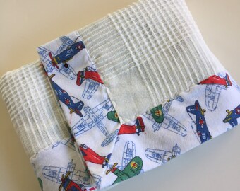 Airplane Soft and Cuddly Baby Quilt in textured cotton and flannel fabrics. Biplanes or Classic Planes. aviation gift
