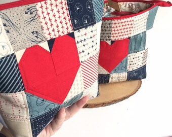 Hearts In Flight Field Bag.  Knitting Project Pouch. Zippered closure, clear vinyl pocket. Quilted Airplane Charms