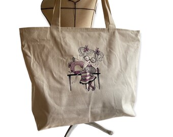 Embroidered Sketchy Seamstress Big Tote. One zippered pocket inside, recessed top zipper closure. Knitting Projects. Choice of color.