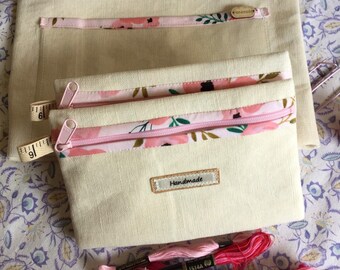 Pretty In Pink Cross Stitch Zippered Accessory Bag. Linen - lined with floral  fabric. Fits small scissors, stitch markers, small tools.