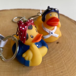Pilot Rubber Duck or Rosie the Riveter KEY FOB. 2&quot; Yellow Ducky with goggles and flight helmet. Fun Gift for pilots Squeezable keyfob charm