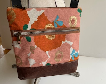 Sunrise Floral Camillia Crossbody Purse. Adjustable strap. Medium Koda Bag,  Secure zipper pockets. Durable Cork water resistant base