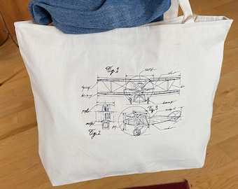 Embroidered Airplane Schematic Big Tote. One zippered pocket inside, recessed top zipper closure. Knitting Projects. Choice of thread color.