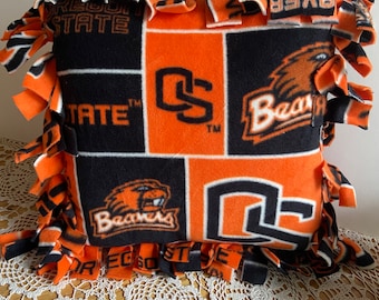 OSU Beavers polar fleece 16 inch couch Pillow. Low volume tied knot.  Oregon State University team sport. Beavs cushion.