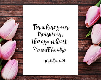 Impresión artística de las Escrituras de Mateo 6:21, versículo de amor, decoración del hogar (descarga digital)