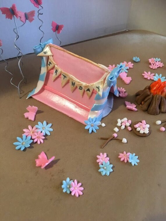 Fondant camping cake topper with set of 24 cupcake toppers
