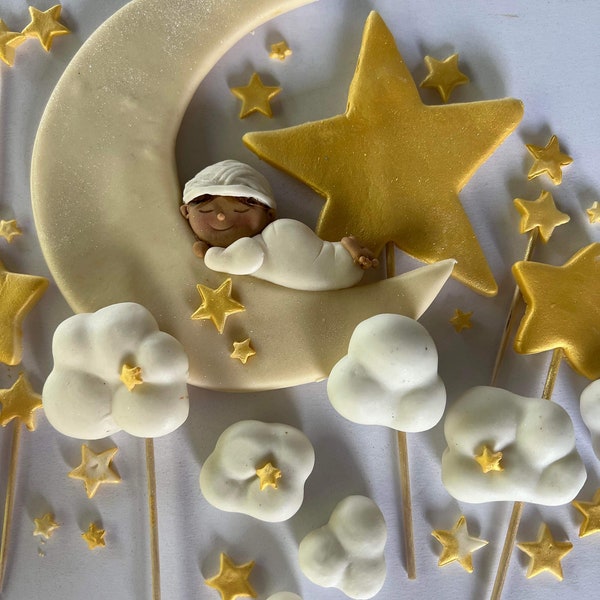 Moon and stars baby fondant cake topper