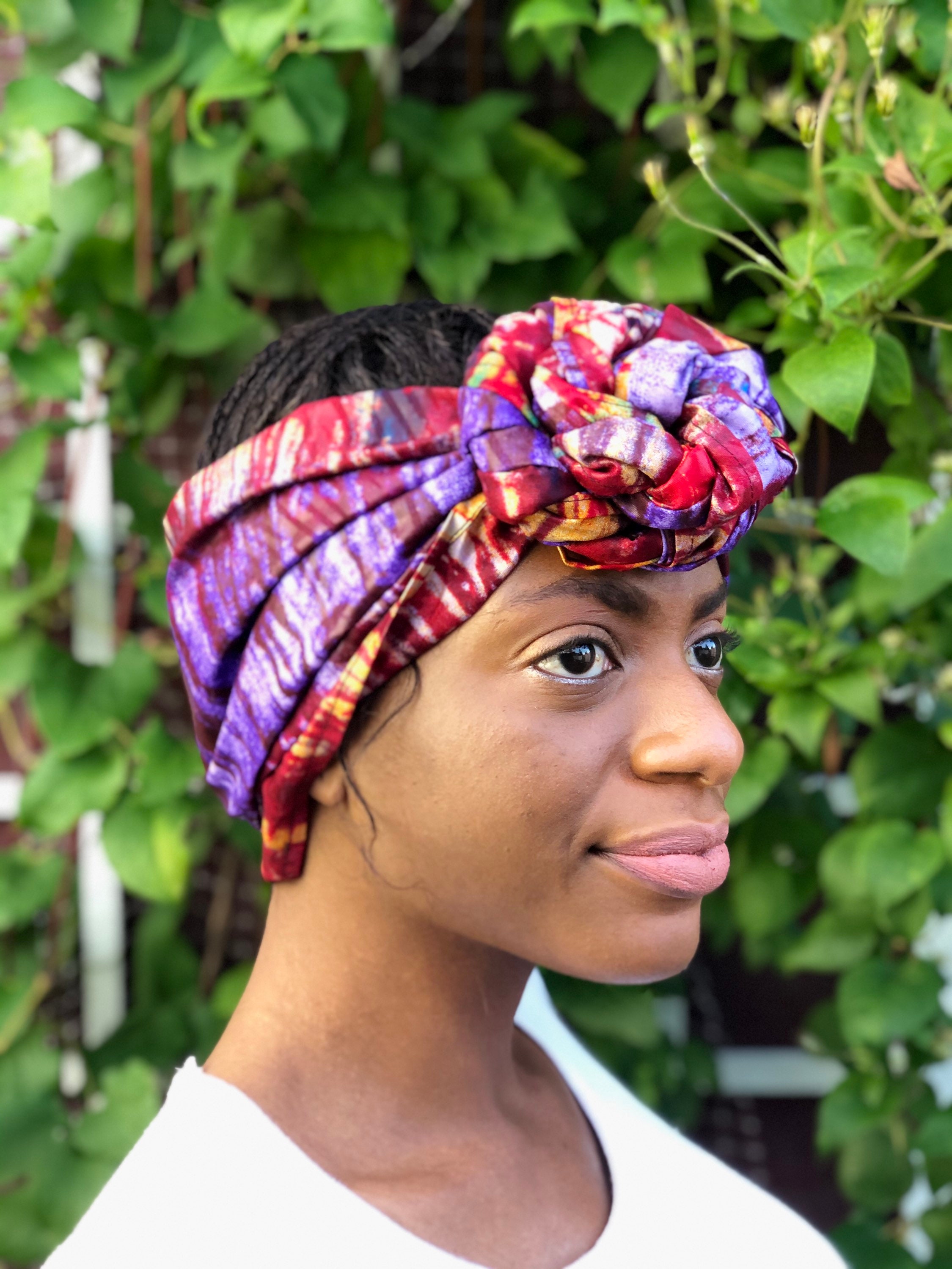red African wax print headwrap black and yellow African headband Ankara print half turban headband