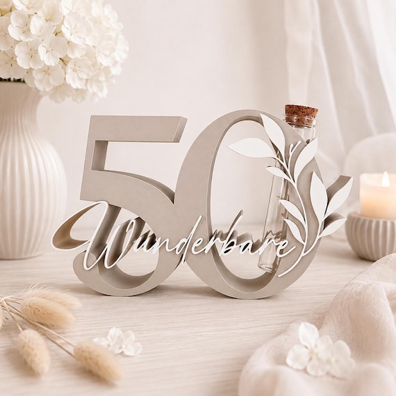 Geldgeschenk zum 50. Geburtstag | Zahl 50 mit Glasröhrchen | personalisiertes Geschenk 50. Geburtstag |  Geburtstag Deko 50