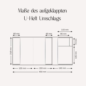 Op de afbeelding: Diagram met de afmetingen van een U-Heft-omslag in millimeters. De open omslag is 450 mm breed, met secties van 155 mm, 155 mm en 140 mm. De hoogte is 218 mm, met andere secties van 60 mm, 95 mm, 73 mm en 145 mm.